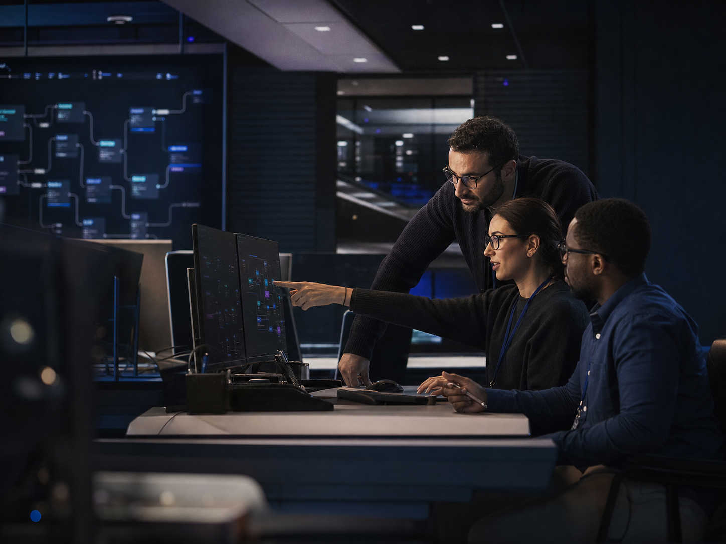 Enterprise operations team reviewing an AI agent workflow at a shared workstation