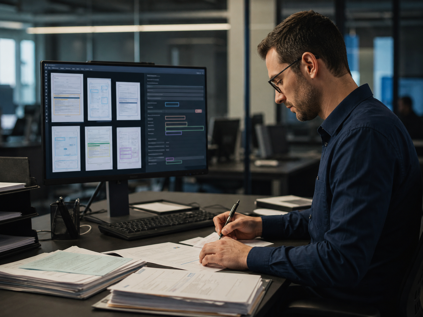 Operations specialist reviewing document extraction results against source forms