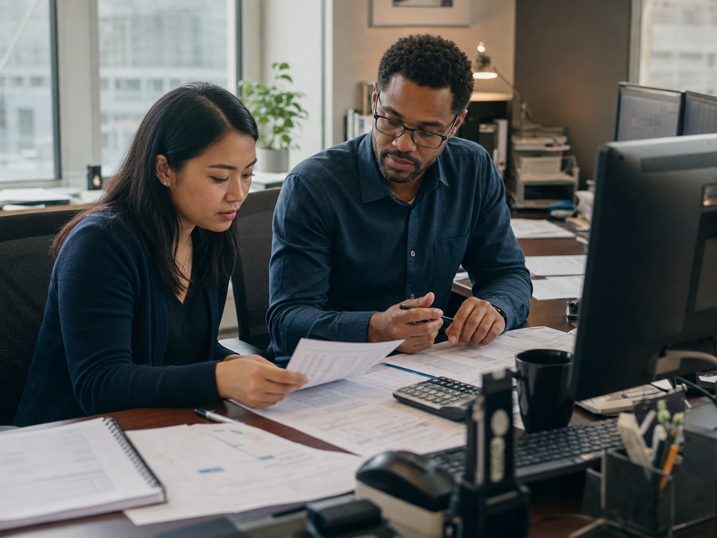 Financial operations analysts comparing transaction records at an office workstation