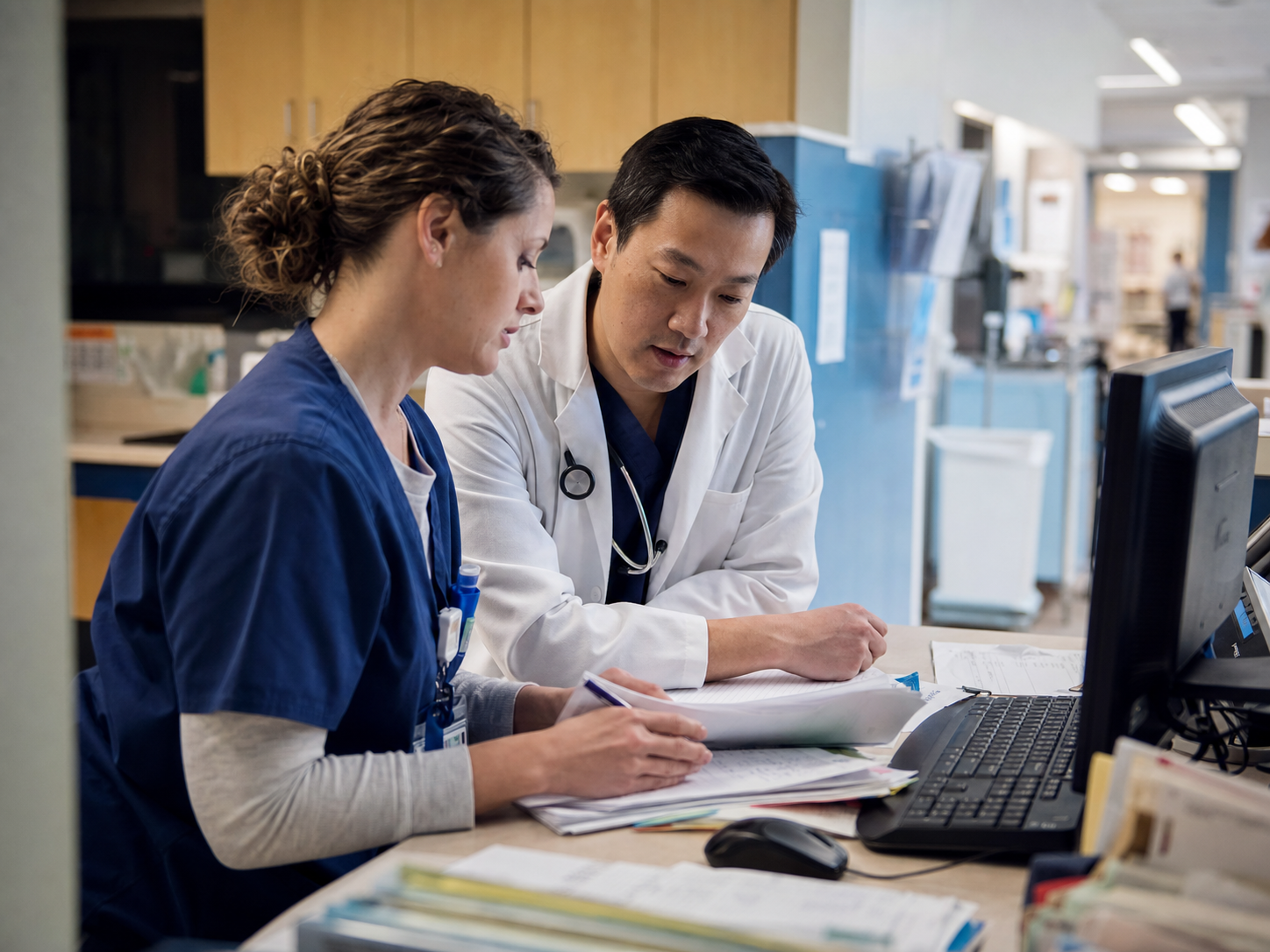 Healthcare professionals reviewing documentation together at a hospital workstation