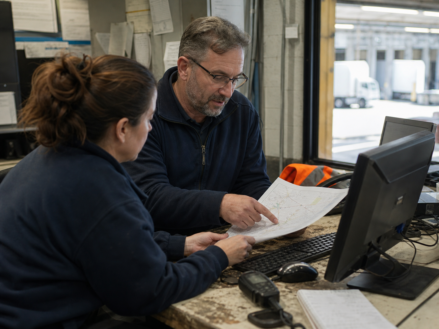 Logistics colleagues reviewing a printed route plan in a distribution center office