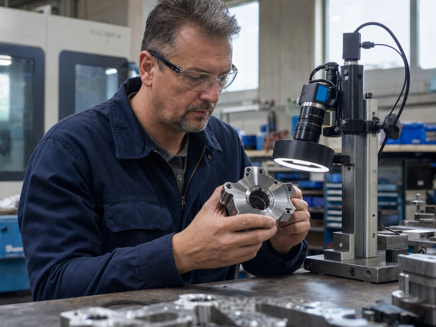 Manufacturing quality engineer inspecting a machined component beside an industrial camera